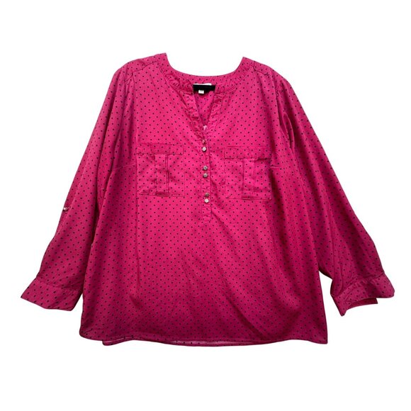 Notations Tops - Notations Woman Long Sleeves Blouse Size 3X Pink Polka Dots Casual Pockets